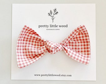 Blush Gingham Hair Bow, Mini Plaid Bow, Fall Toddler Clip