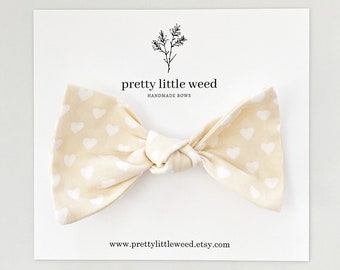 Cream Hearts Baby Bow, Neutral Toddler Headband or Clip