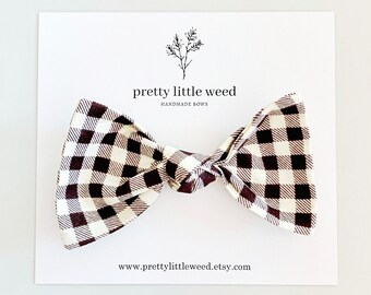 Gingham Hair Bow, Brown Cream Plaid, Fall Toddler Bow