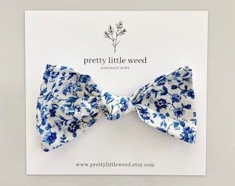 Vintage Blue Floral Hair Bow, Baby Headband or Clip
