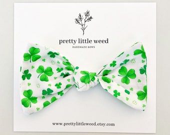 Clover Print Bow, St Patricks Day, Baby Headband or Clip