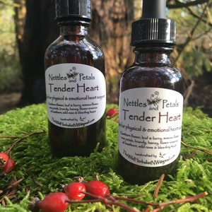 May include: Two amber glass bottles with dropper tops, labelled "Nettles and Petals Tender Heart" for physical and emotional heart support. The bottles are sitting on a bed of green moss and red rose hips.