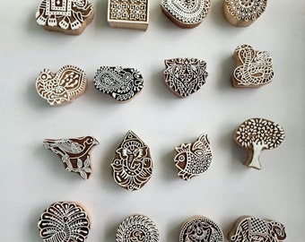 Handcrafted Indian Woodblock Printing Blocks - Lot of 20 PC - Mixed Designs - Textile Art Supplies