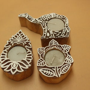 Diwali Decorative Wooden Tea Light Candle Holder Set of 3