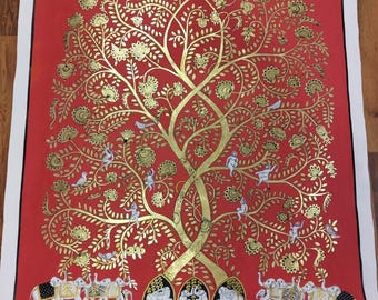 Árbol de la vida pintado a mano, pintura Pichwai, obra de arte en oro real
