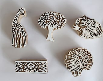 Decorative wooden printing block set of 5 different design stamp dyi