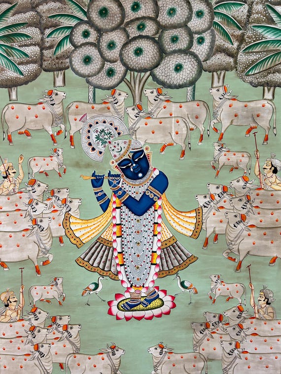 Antique Finished Krishna Pichwai Painting Playing Flute Antique Finished Krishna Pichwai Painting Playing Flute