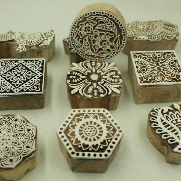 Lot of 10 PC Indian Wooden Textile Stamps - Hand Carved Printing Blocks - Assorted Designs - DIY Crafts