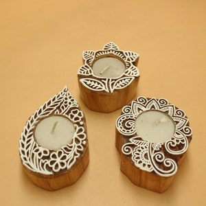 Decorative Wooden diya stand hand curved candle holder Set of 3