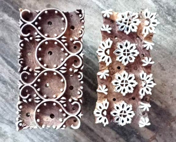 Double Color Floral Design Two Wooden Stamps Hand Curved Etsy