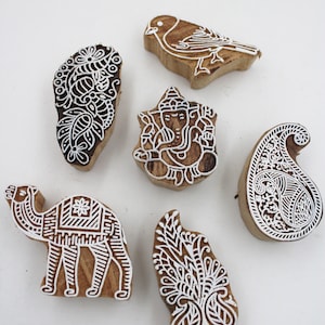 Lot de 6 tampons textiles indiens PC - Blocs d'impression sculptés à la main - Motifs assortis - Artisanat en tissu bricolage
