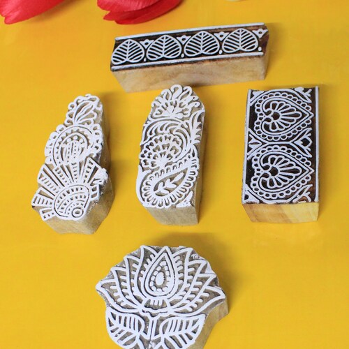 Block Printing Design Decorative Stamp Print Set of 5 Indian Wood Stamps 
