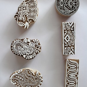 Indiase houten drukblokken - set van 6 pc's - gemengde ontwerpen - handgemaakte textielstempels