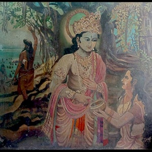 Hallazgo raro, pintura india antigua original, escena del Mahabharata del Señor Krishna Draupadi