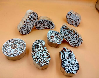 Indian Hand Carved Wooden Textile Stamps - Mixed Designs - Set of 8 PC - Block Printing Tools