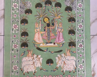 Handmålad Shrinathji Pichwai målning vägg dekorativa indiska konstverk