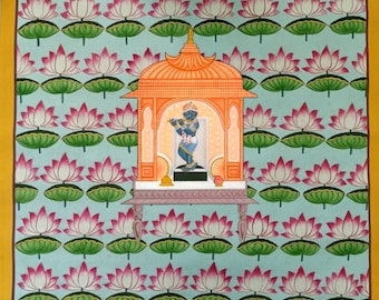 Hand painted  krishna painting with lotus pichwai artwork on cloth