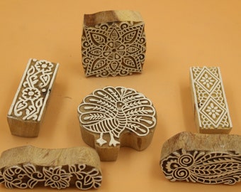 Decorative set of 6 wooden block stamp designs textile designs printing tools