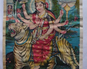 Vintage Lithographie Durga Mata Ji Indian Religious Collectible Print