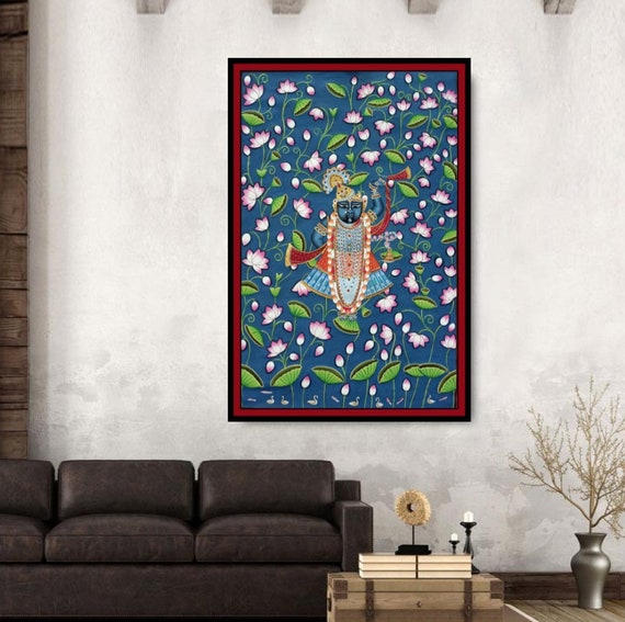 Painted Pichwai - Sri Nathji & Water Lilies From Rajasthan Painted Pichwai - Sri Nathji & Water Lilies From Rajasthan
