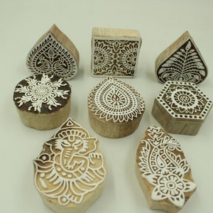 Lot van 8 pc's Indiase houten textielstempels - handgesneden drukblokken - diverse ontwerpen - doe-het-zelf-ambachten