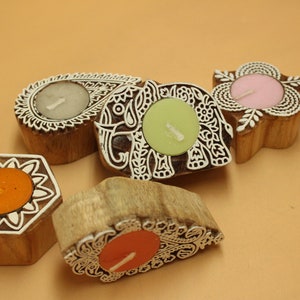 Decorative diya stand hand curved Wooden candle holder Set of 5