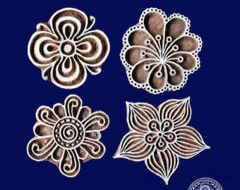 Wooden Block Printing Stamp Set of 4 floral design hand carved block