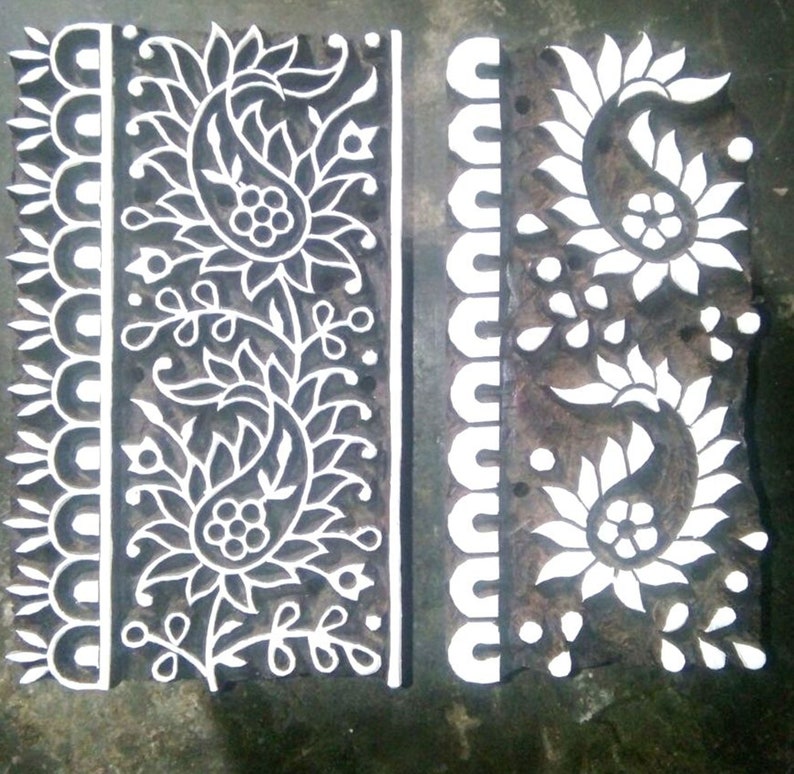 Double color wooden stamps print making block stamping textile fabric design paisley design.