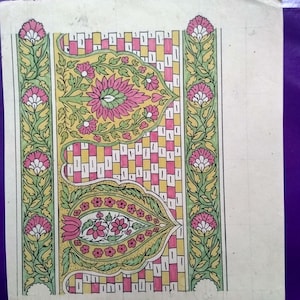 Textiel vintage design handgemaakt op oud papier bloemdessin collectible papier kunst