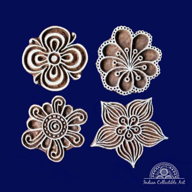 Wooden Block Printing Stamp Set of 4 floral design hand carved Etsy