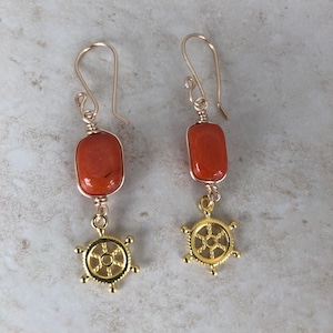 Orange Jade Earrings, Rectangular Jade Boat Helm Earrings, Beach Jewelry, Gold Earrings, Long Earrings, Mom gift, Birthday gift, friend gift
