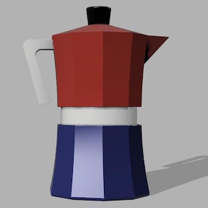 May include: A stovetop espresso maker featuring a faceted design with a dark red upper chamber, a white middle band, and a dark blue lower base. The coffee pot includes a white handle on the side and a black knob on the lid, showcasing a geometric shape.