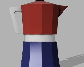Puede incluir: Una cafetera italiana de diseño facetado con una cámara superior de color rojo oscuro, una banda central blanca y una base de color azul oscuro. La cafetera incluye un asa blanca en el lateral y un pomo negro en la tapa, con forma geométrica.