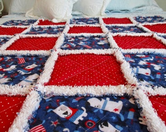Patriotic Puppy Rag Quilt / Dog Rag Quilt / Flag Rag Quilt / Handmade Baby Rag Quilt / Child Quilt / Lap Quilt/Quilted Throw/Red White Blue