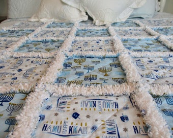 Hanukkah Rag Quilt / Handmade Baby Rag Quilt / Child Rag Quilt / Lap Quilt / Quilted Throw / Blue Gold Rag Quilt