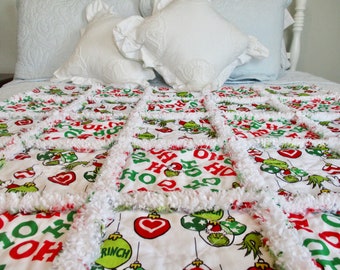 Grinch Rag Quilt / Christmas Rag Quilt / Handmade Baby Rag Quilt / Child Rag Quilt / Quilted Throw / Lap Quilt / Red Green Rag Quilt