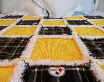 Pittsburgh Steelers Rag Quilt / Quilted Throw / Steelers Lap Quilt / Handmade Baby Rag Quilt / Child Rag Quilt / Black Quilt / Gold Quilt