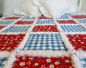 Calico Gingham Rag Quilt / Picnic Rag Quilt / Handmade Baby Rag Quilt / Child Rag Quilt / Lap Quilt / Quilted Throw / Red Blue Yellow Quilt