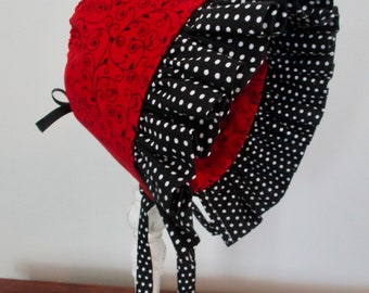 Baby Sun Bonnet / Infant-Toddler Sun Bonnet / Handmade Cotton Bonnet / Red Black Sun Hat