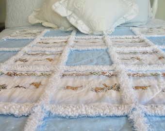 Bunny in Snow Rag Quilt / Baby Rag Quilt / Child Rag Quilt / Lap Quilt / Quilted Throw / Blue Rag Quilt