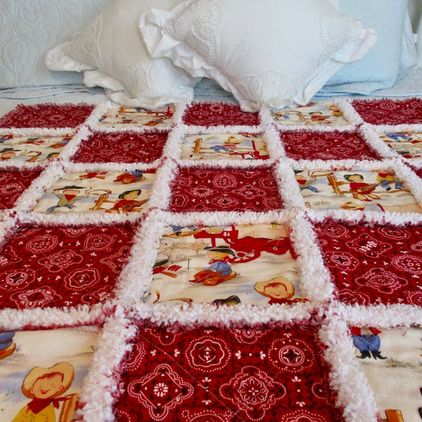 Tiny Cowboy Rag Quilt / Baby Rag Quilt / Child Rag Quilt / Lap Quilt / Quilted Throw / Red Rag Quilt