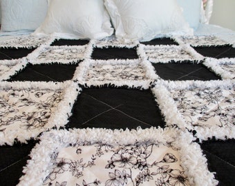 Toile Rag Quilt / Flower Rag Quilt / Handmade Baby Rag Quilt / Child Rag Quilt / Lap Quilt / Quilted Throw / Ivory Black Rag Quilt