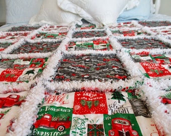 Christmas Rag Quilt / Holiday Rag Quilt / Handmade Baby Rag Quilt / Child Rag Quilt / Lap Quilt / Quilted Throw / Red Gray Rag Quilt