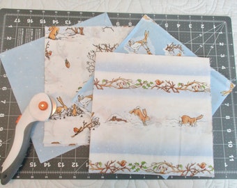 Pre-cut 9 inch squares / Snowy Bunny 9 inch fabric squares / Destash cotton fabric / Quilting Squares