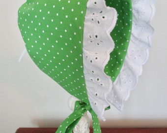 Baby Sun Bonnet / Infant-Toddler Sun Bonnet / Handmade Cotton Bonnet / Green-White Sun Hat