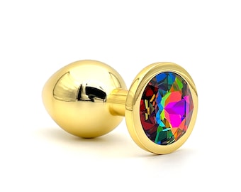 Gold Anal Plug with Rainbow Austrian Crystal in Gift Box
