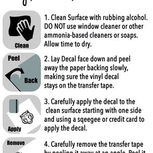 May include: Illustrated instructions for applying a vinyl decal. The steps are: clean the surface, peel the backing, apply the decal, and remove the transfer tape. Each step is illustrated with a simple graphic.