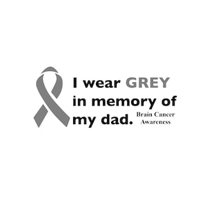 May include: A gray awareness ribbon and text on a white background. The text reads "I wear GREY in memory of my dad." Below the text is "Brain Cancer Awareness."