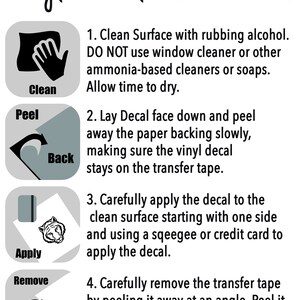 May include: Illustrated instructions for applying a vinyl decal. The steps are: clean the surface, peel the backing, apply the decal, and remove the transfer tape. Each step is illustrated with a simple graphic.