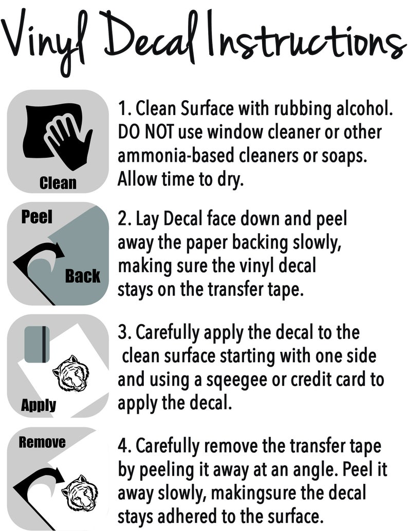 May include: Illustrated instructions for applying a vinyl decal. The steps are: clean the surface, peel the backing, apply the decal, and remove the transfer tape. Each step is illustrated with a simple graphic.